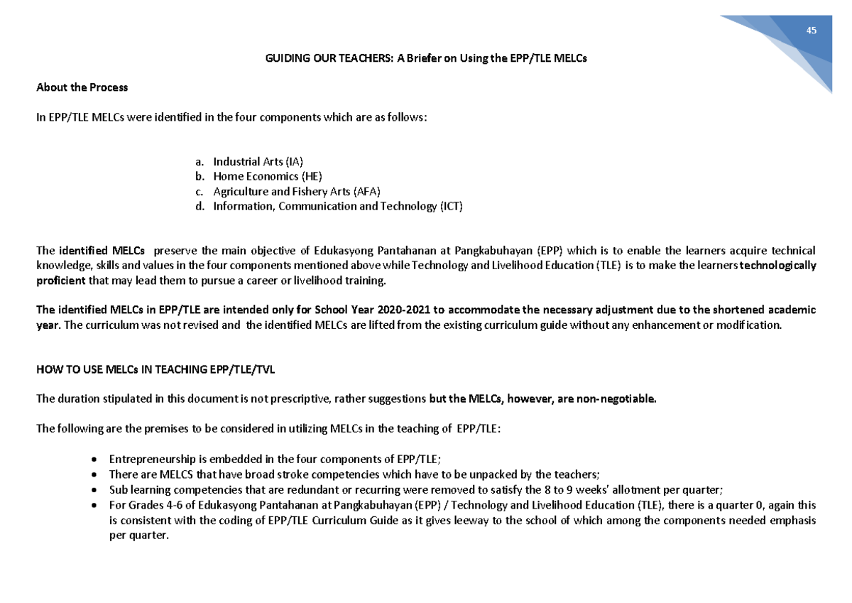 Teachers Guide for Teachers in Using the MELCs in EPP TLE - GUIDING OUR ...