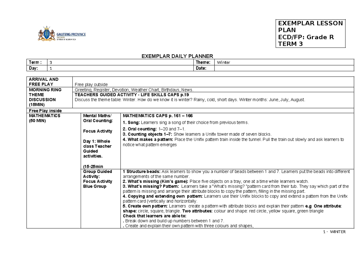 EXEMPLAR LESSON PLAN Grade R TERM 3: Winter Activities and Learning ...