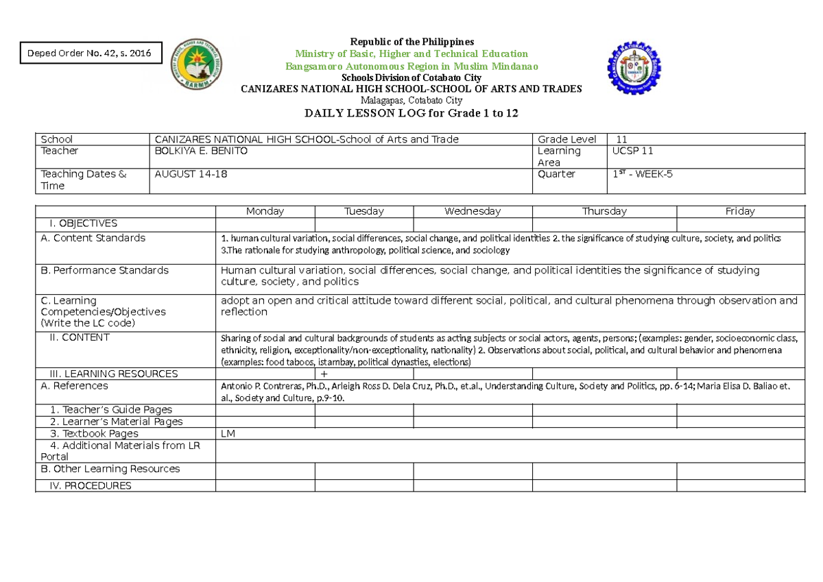 UCSP Daily Lesson Log (DLL) Q1 W5 - Understanding Culture & Society ...