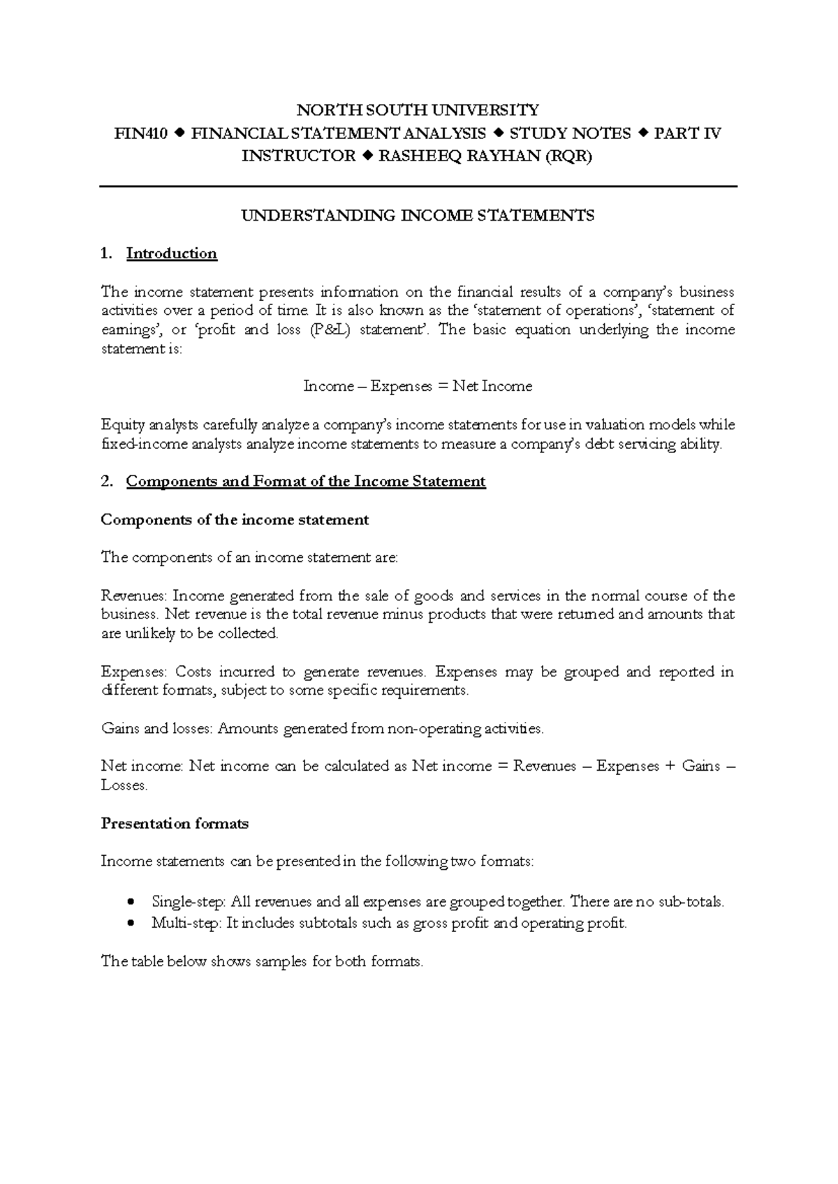 RQR - FIN410 Income Statement Analysis Study Notes Part IV - Studocu