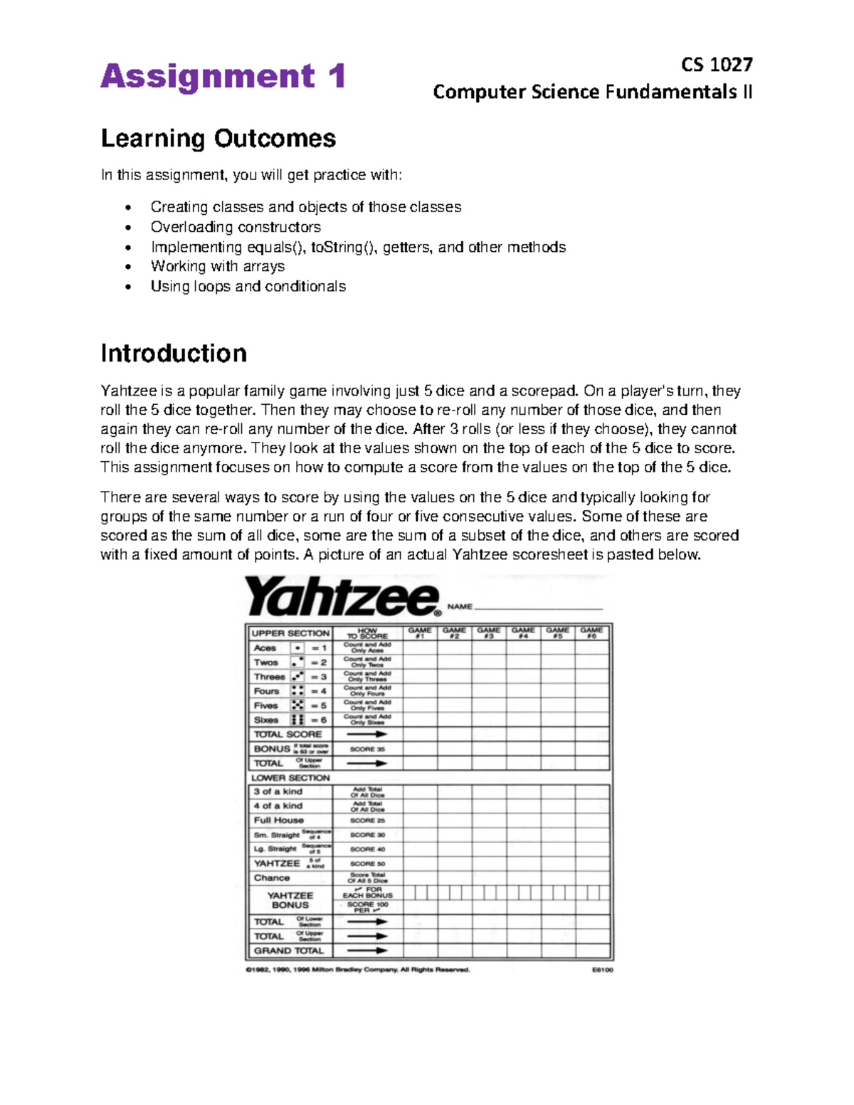 CSF2 Assignment 1: Yahtzee Scoring and Class Implementation Notes - Studocu
