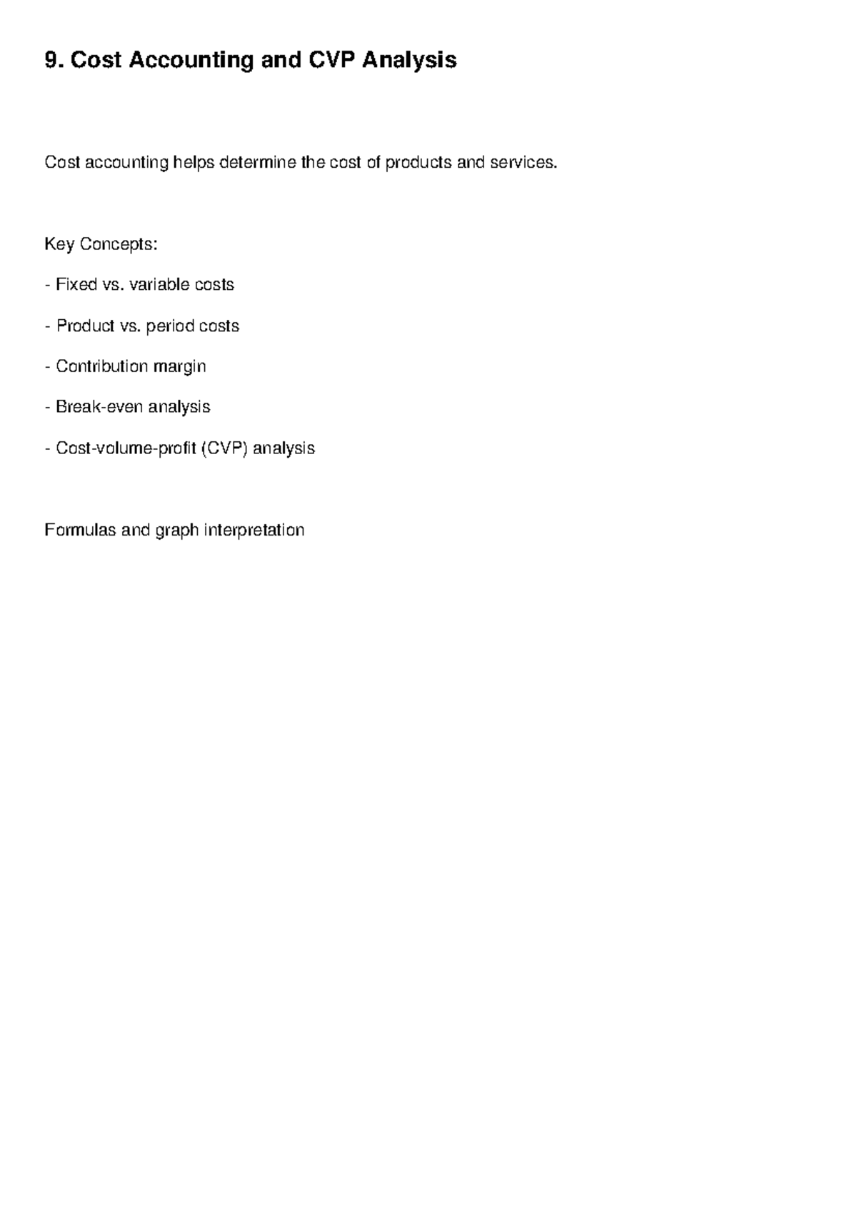 Cost Accounting and CVP Analysis: Key Concepts and Formulas - Studocu