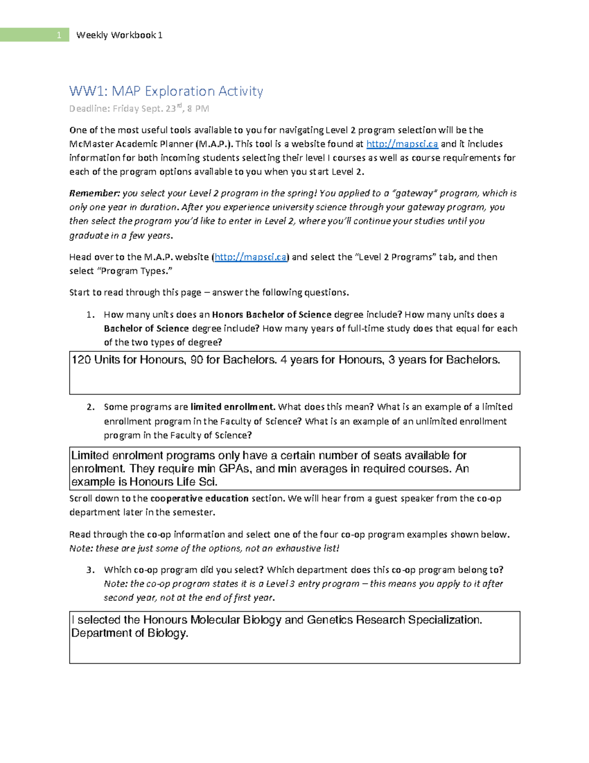 WW1 (3) - Weekly Work Book 1 for Science 1A03 - WW1: MAP Exploration ...