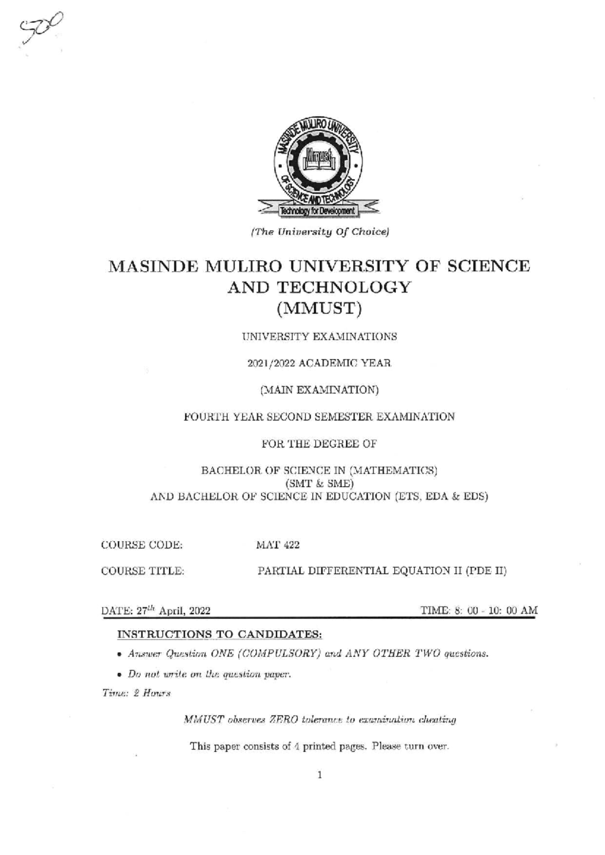 MAT 422 - Partial Differential Equations II Lecture Notes - Studocu