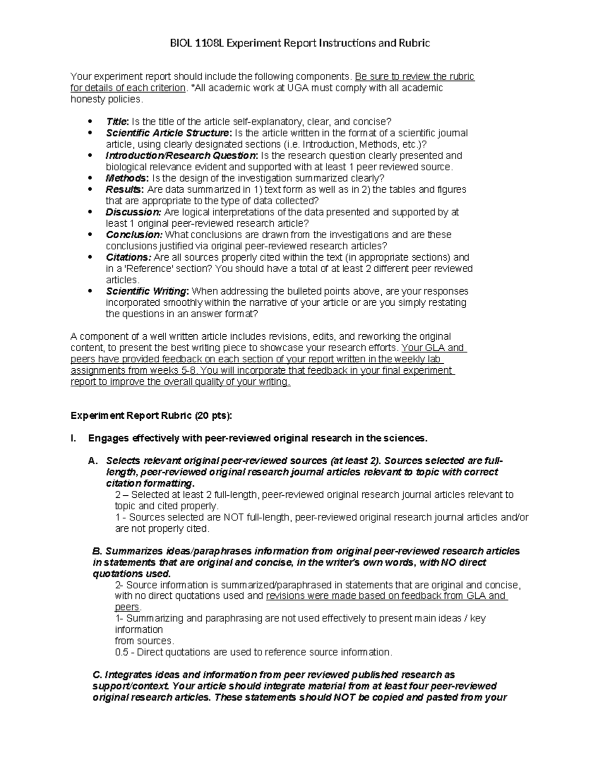 BIOL 1108L Experiment Report Guidelines and Evaluation Rubric - Studocu