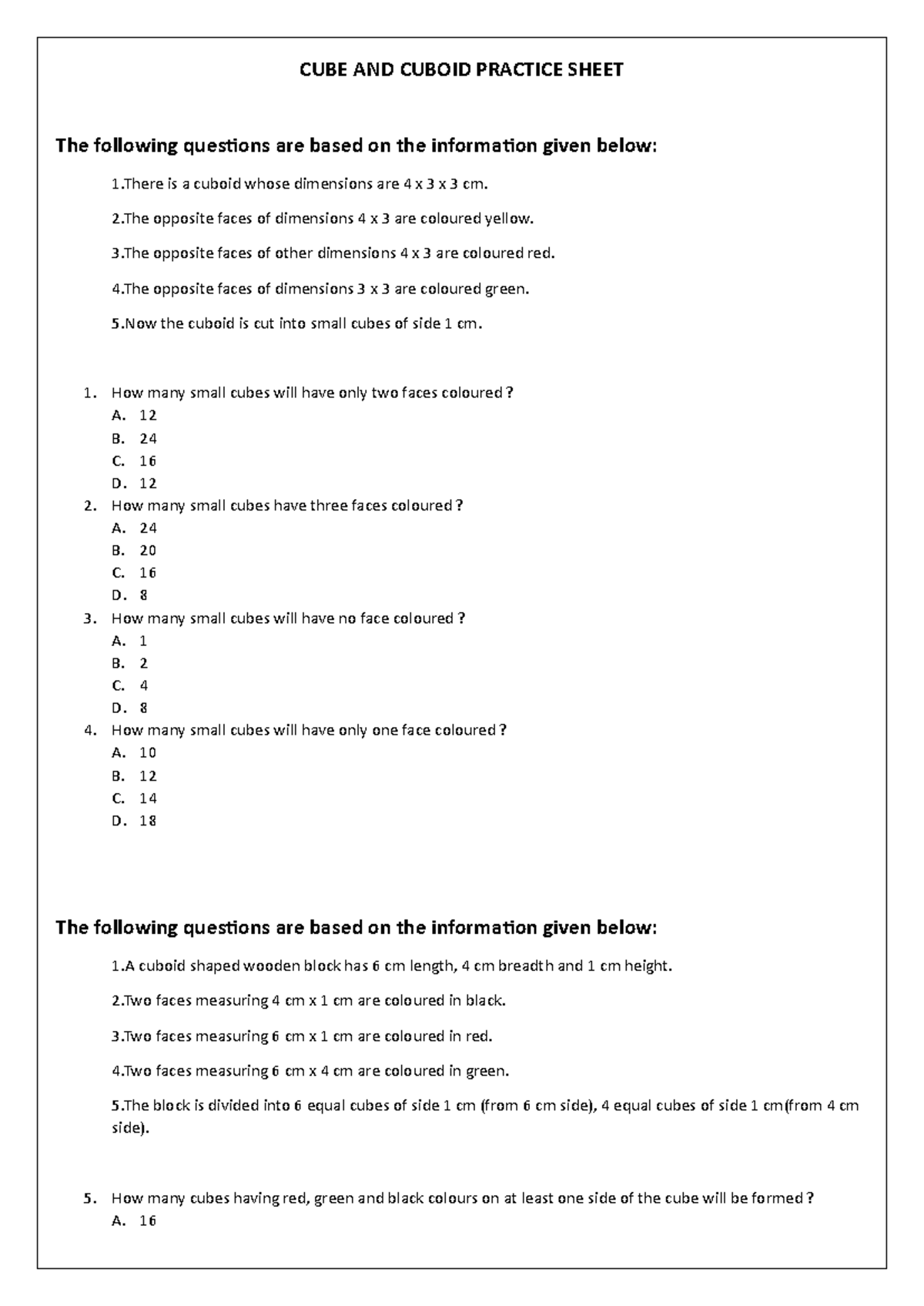 CUBE AND CUBOID PRACTICE SHEET: Questions & Solutions - Studocu