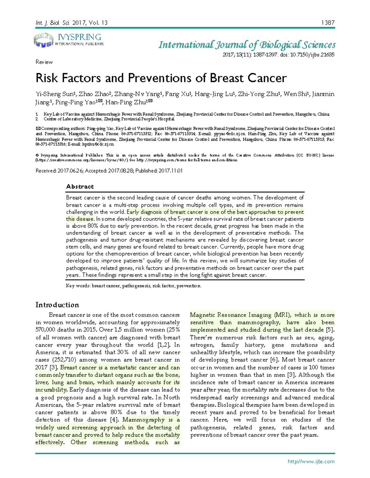 Risk Factors and Prevention of Breast Cancer: A Comprehensive Review ...