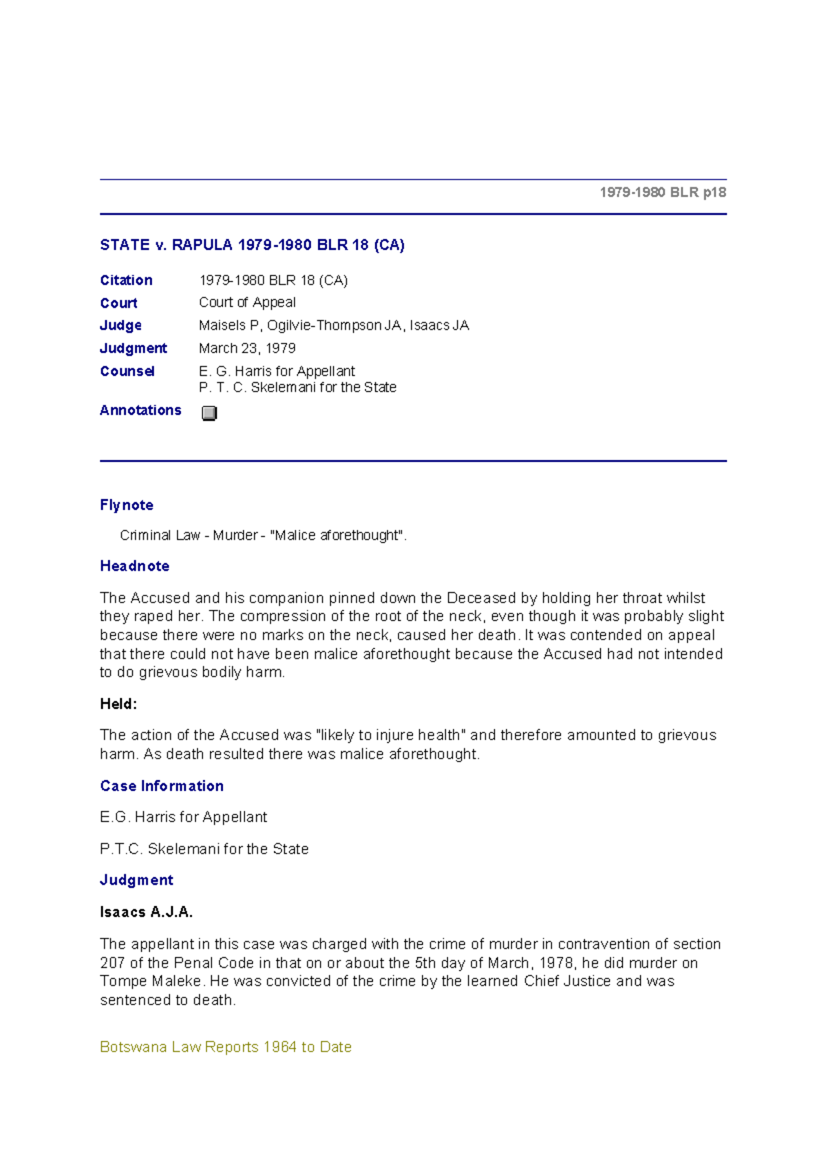 BLR 18 (CA) State v. Rapula: Case Law on Murder and Malice Aforethought ...