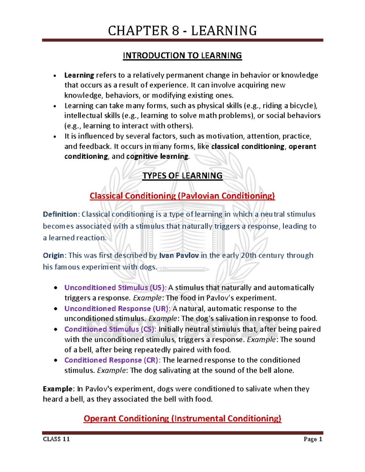 CHAPTER 8 LEARNING: A Comprehensive Overview for Class 11 - Studocu
