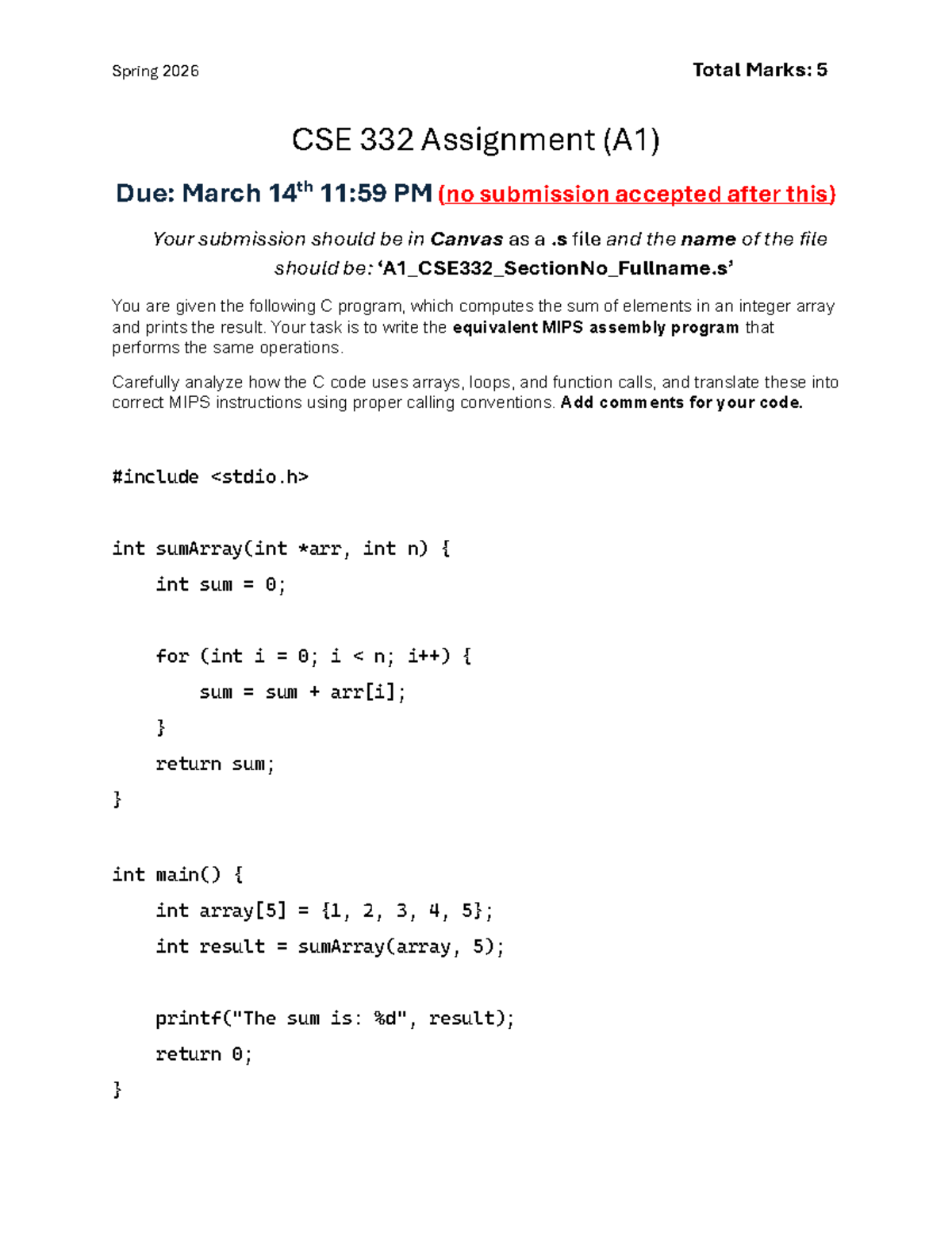 CSE 332 SP26 Assignment 1: C to MIPS Assembly Translation - Studocu