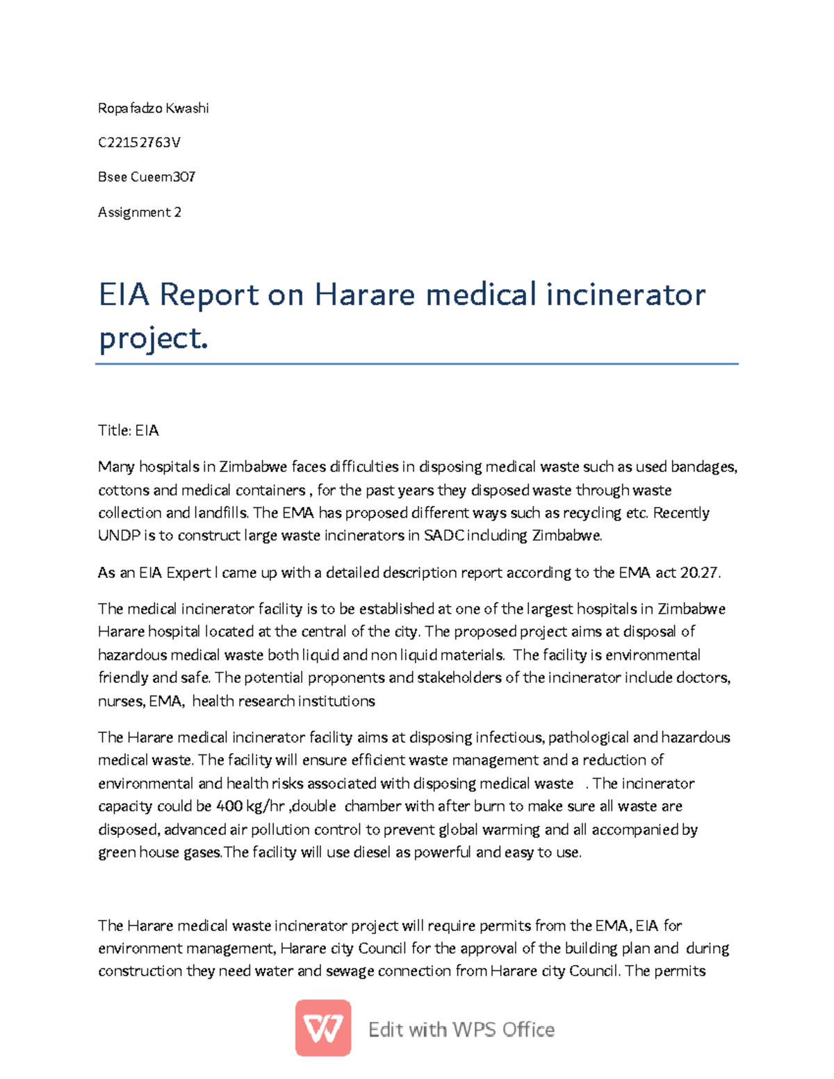 EIA Report on Harare Medical Incinerator Project - CUEEM307 Assignment ...