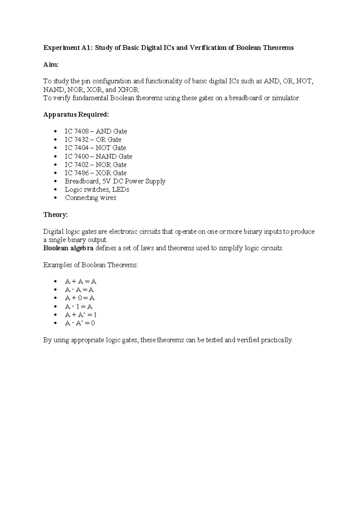 Digital Lab Experiments: A1-A3 on Basic Digital ICs & Boolean Theorems ...
