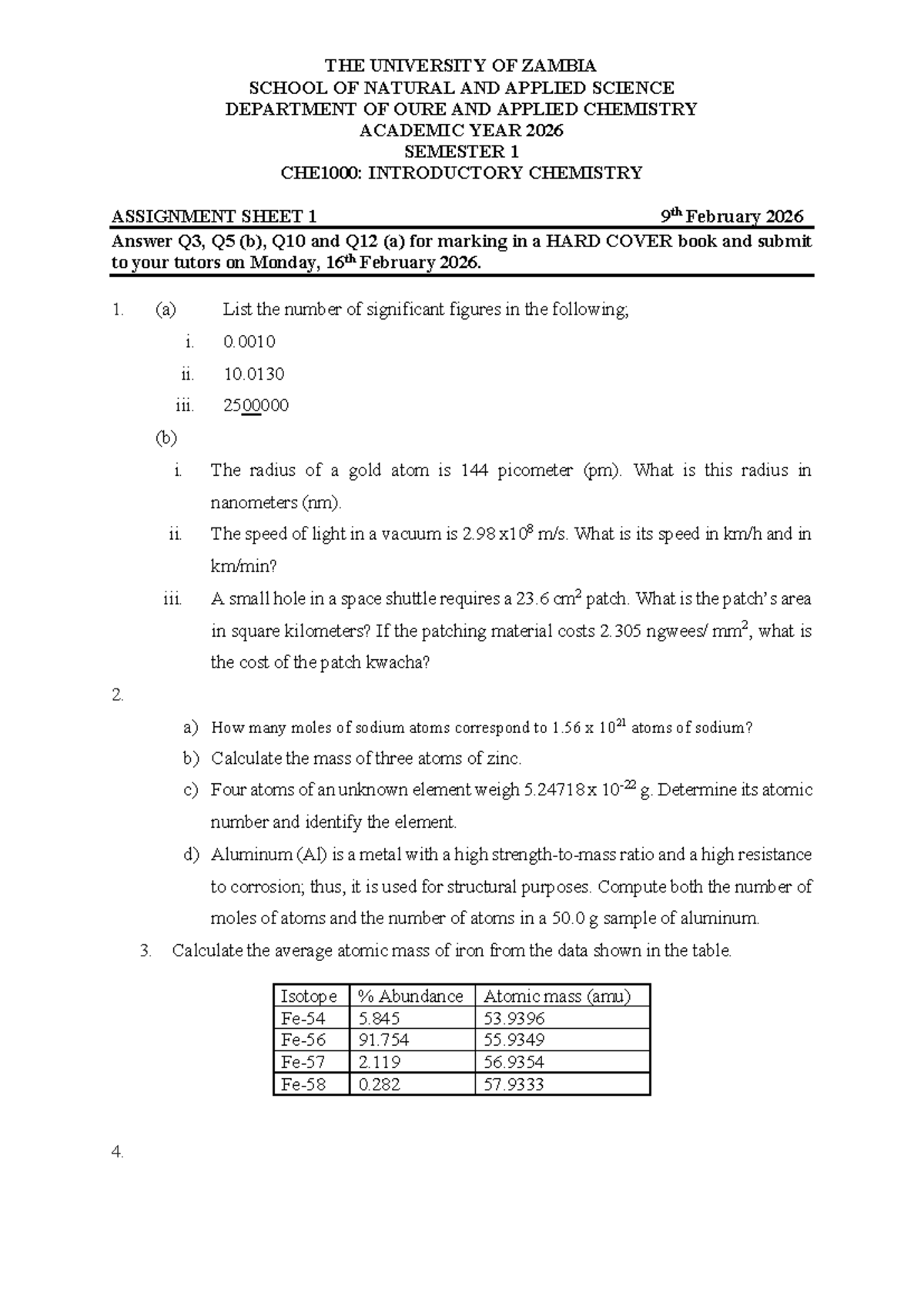 CHE1000: Introductory Chemistry Assignment 1 - Studocu