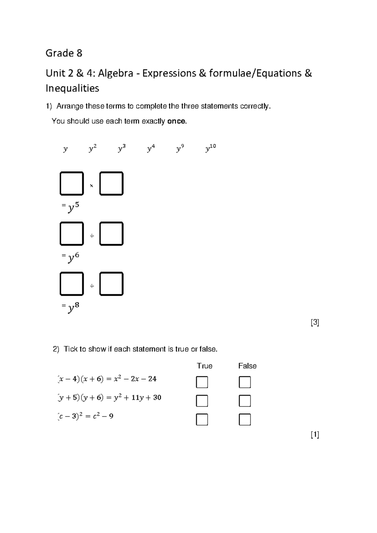 Grade 8 Math: Unit 2 & 4 Algebra Practice Questions - Studocu