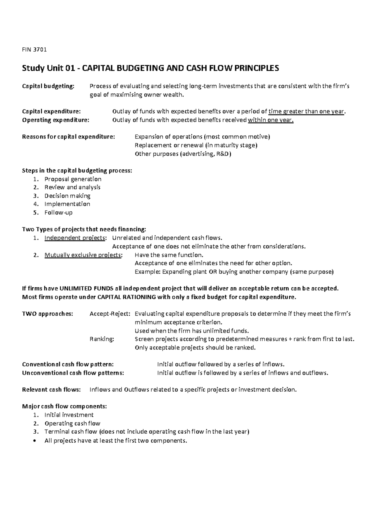 FIN 3701 Study Guide: Capital Budgeting & Cash Flow Principles - Studocu