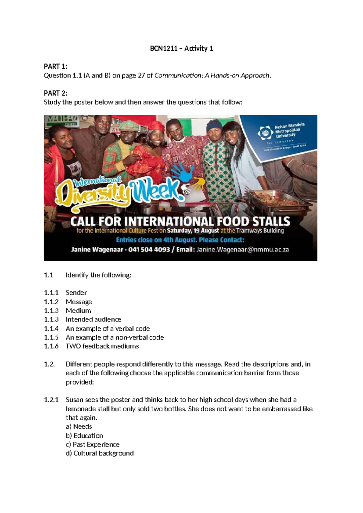 BCN1211 Activity 1: Communication Barriers & Analysis - Studocu