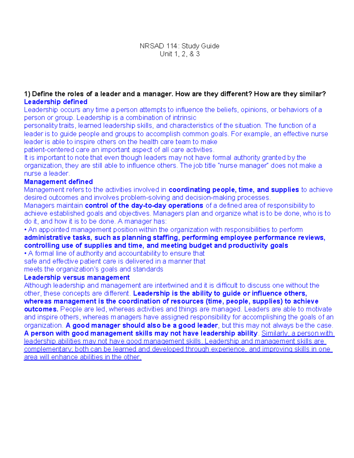 NRSAD 114: Management Exam 1 Study Guide and Key Concepts - Studocu