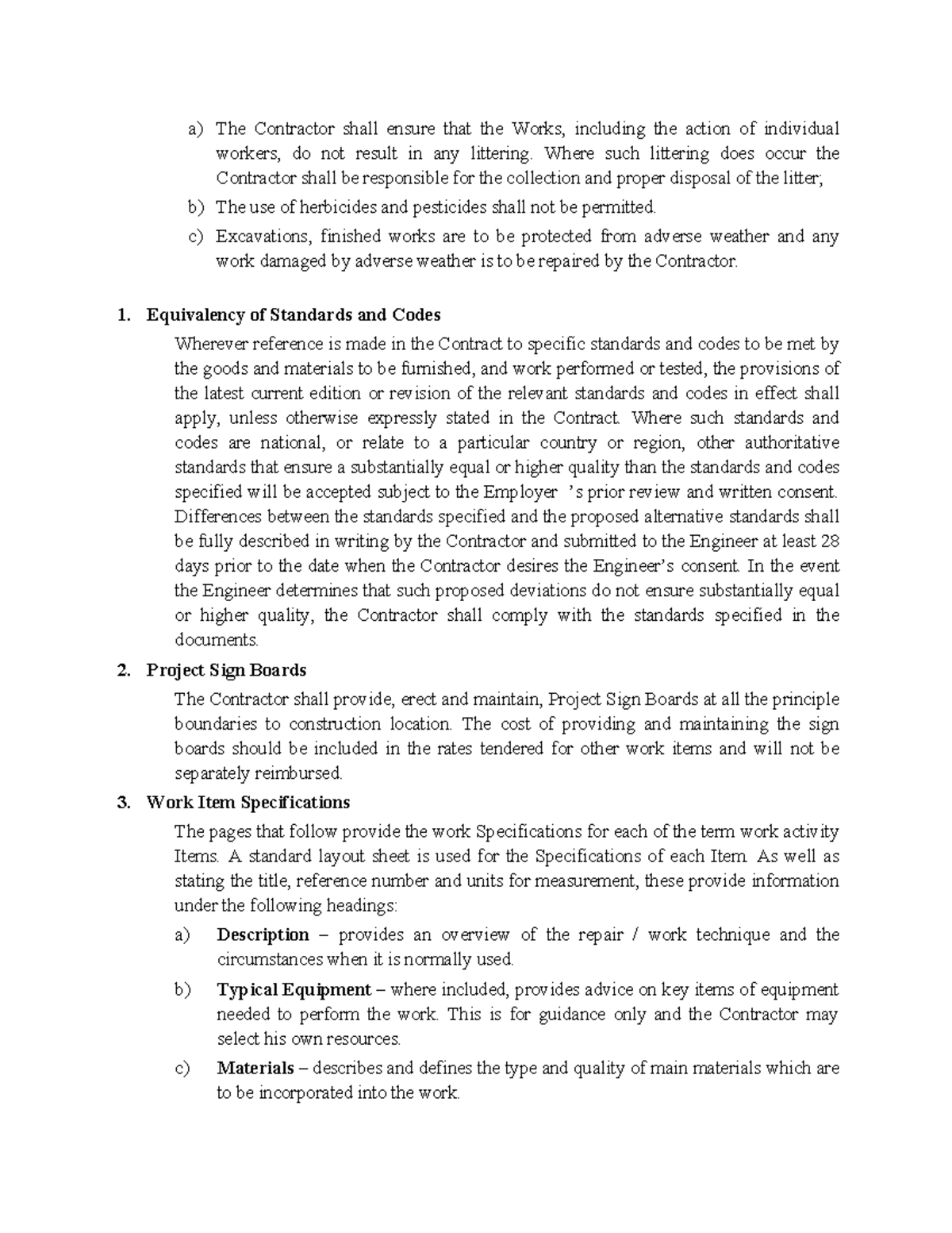Contractor Responsibilities and Work Specifications (Course Code ...