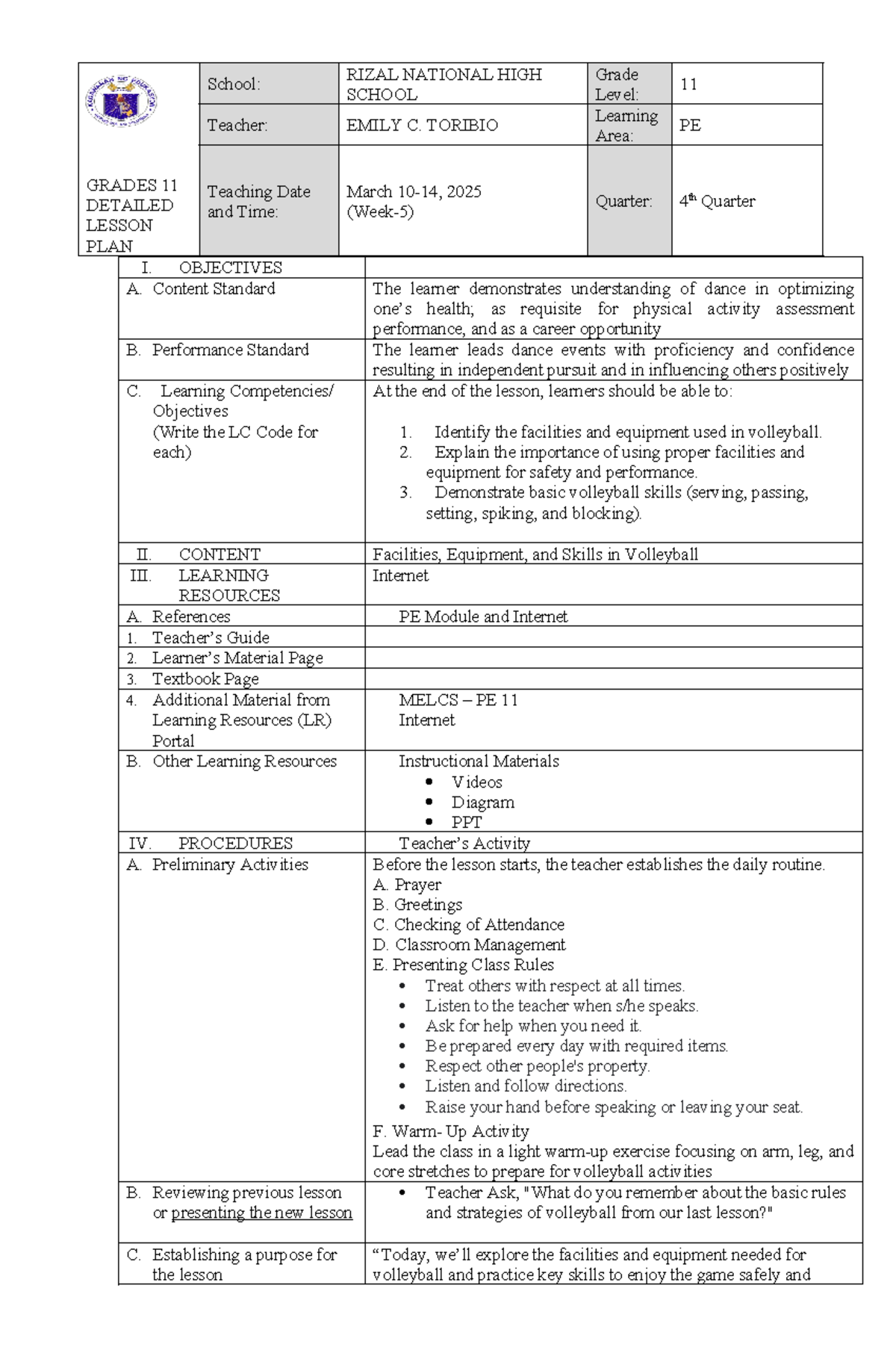 LP-PE-11 Week 4 - lesson plan in pe and health - I. OBJECTIVES A ...
