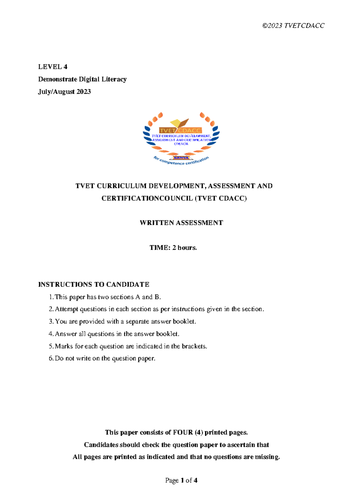 Digital Literacy Assessment Tool for Level 4 Candidates - July 2023 ...