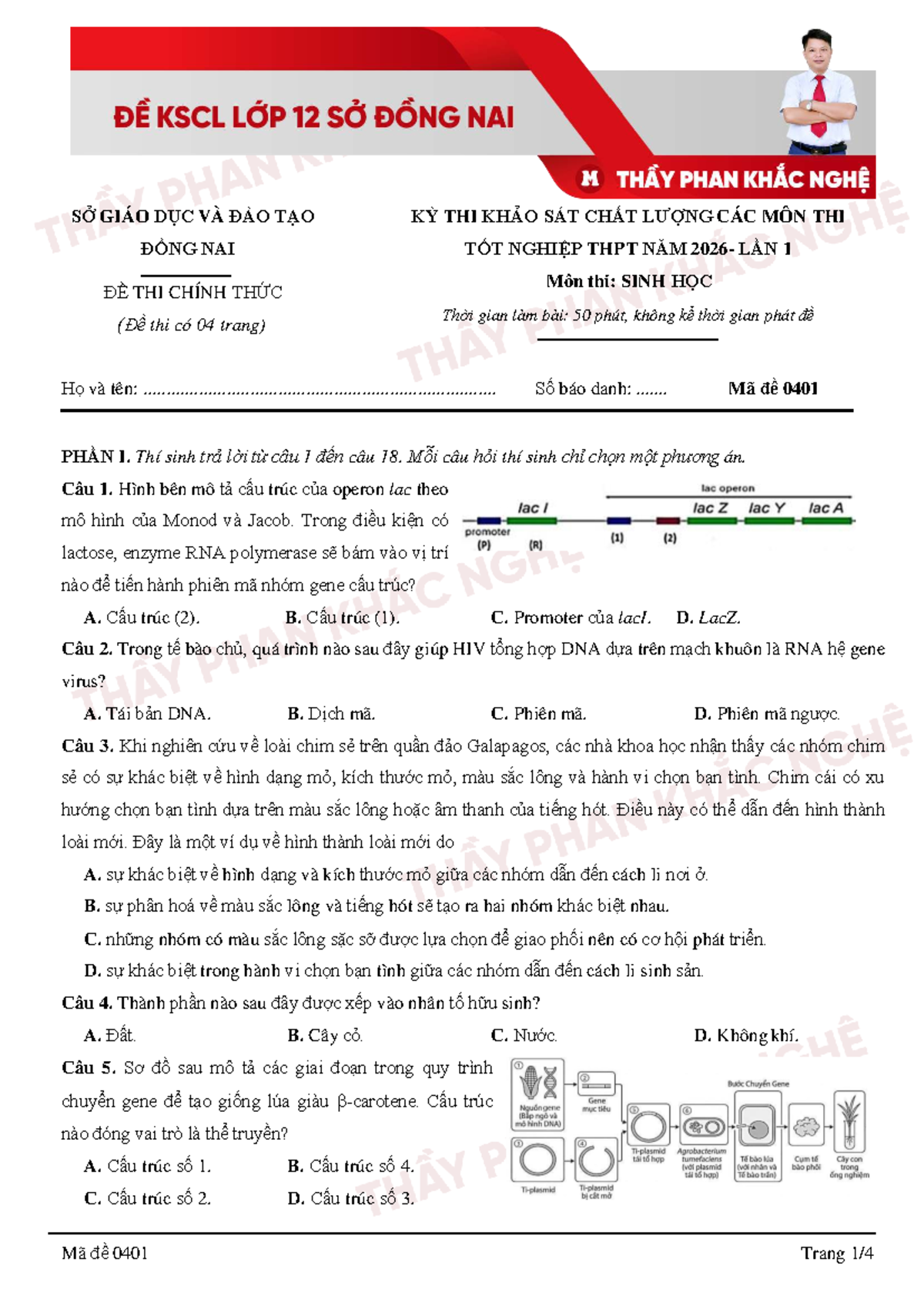 Đề Thi Thử Tốt Nghiệp THPT Môn Sinh Học - Mã Đề 0401 - Studocu