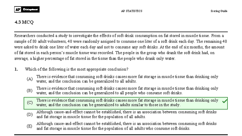 AP STATISTICS Scoring Guide 4.3 MCQ Analysis and Conclusions - Studocu