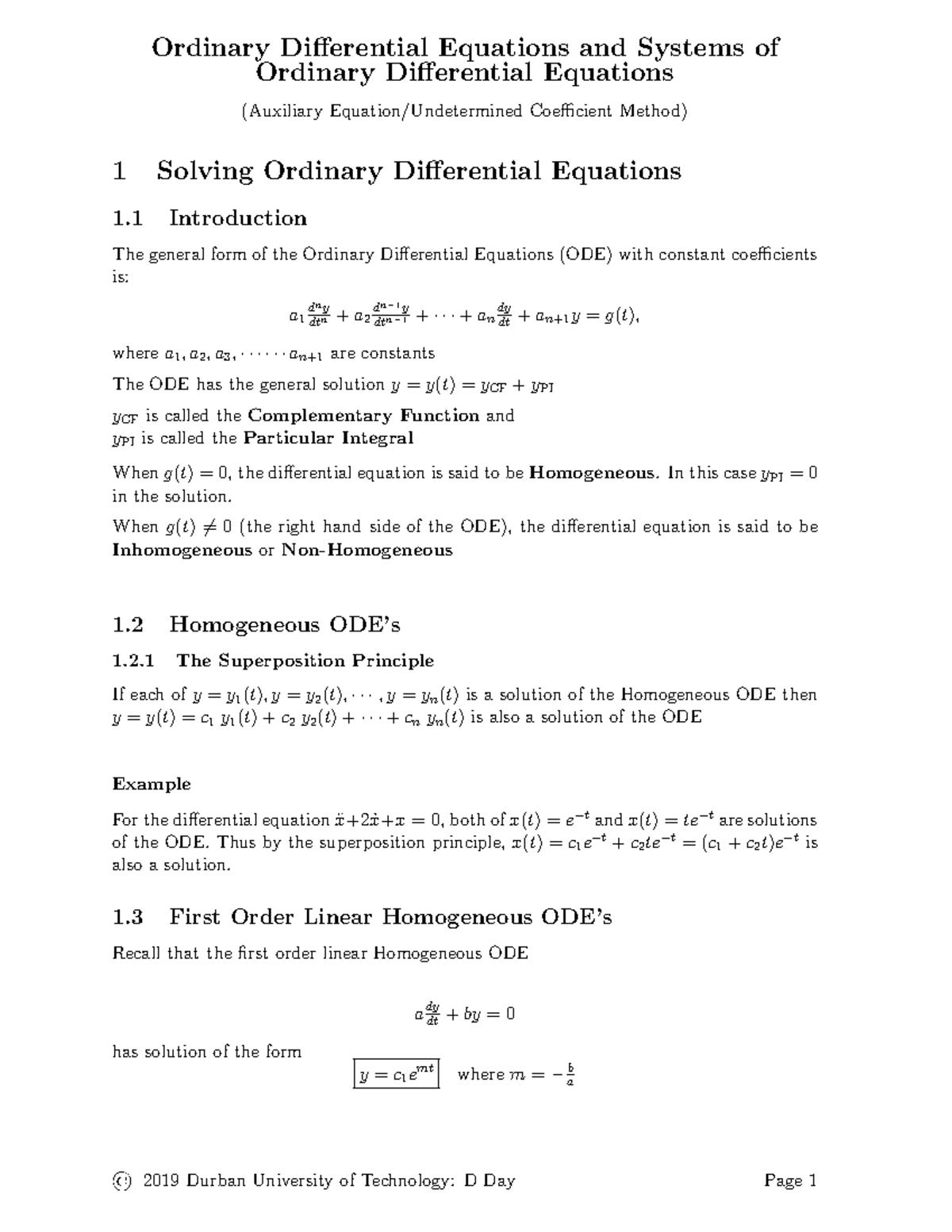 ODEs - Engineering Mathematics 2A: Auxiliary Coefficient Method Notes ...