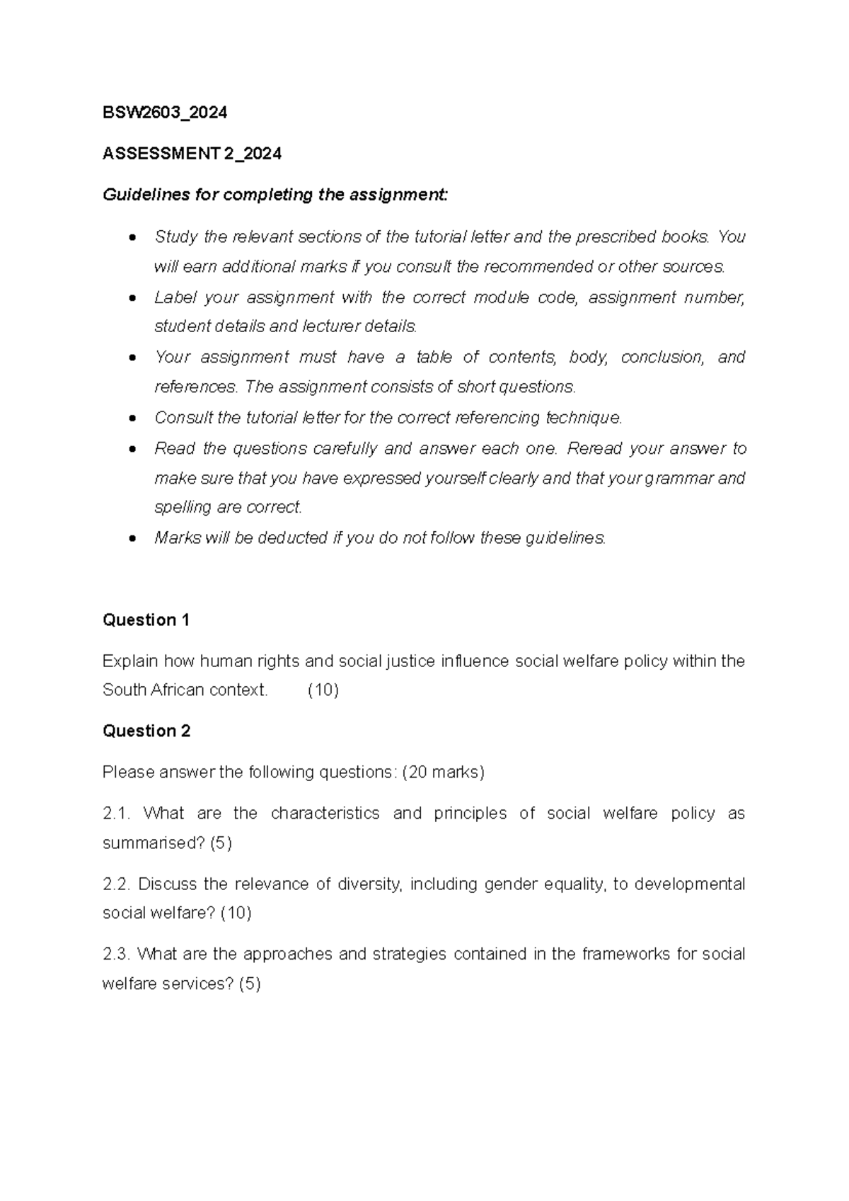 BSW2603 - Assessment 2 Guidelines for Social Work Level 2 Assignment ...