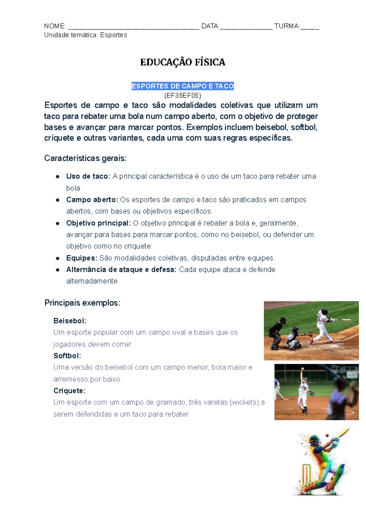 Esportes de Campo e Taco - 5° Ano (Educação Física) - Studocu
