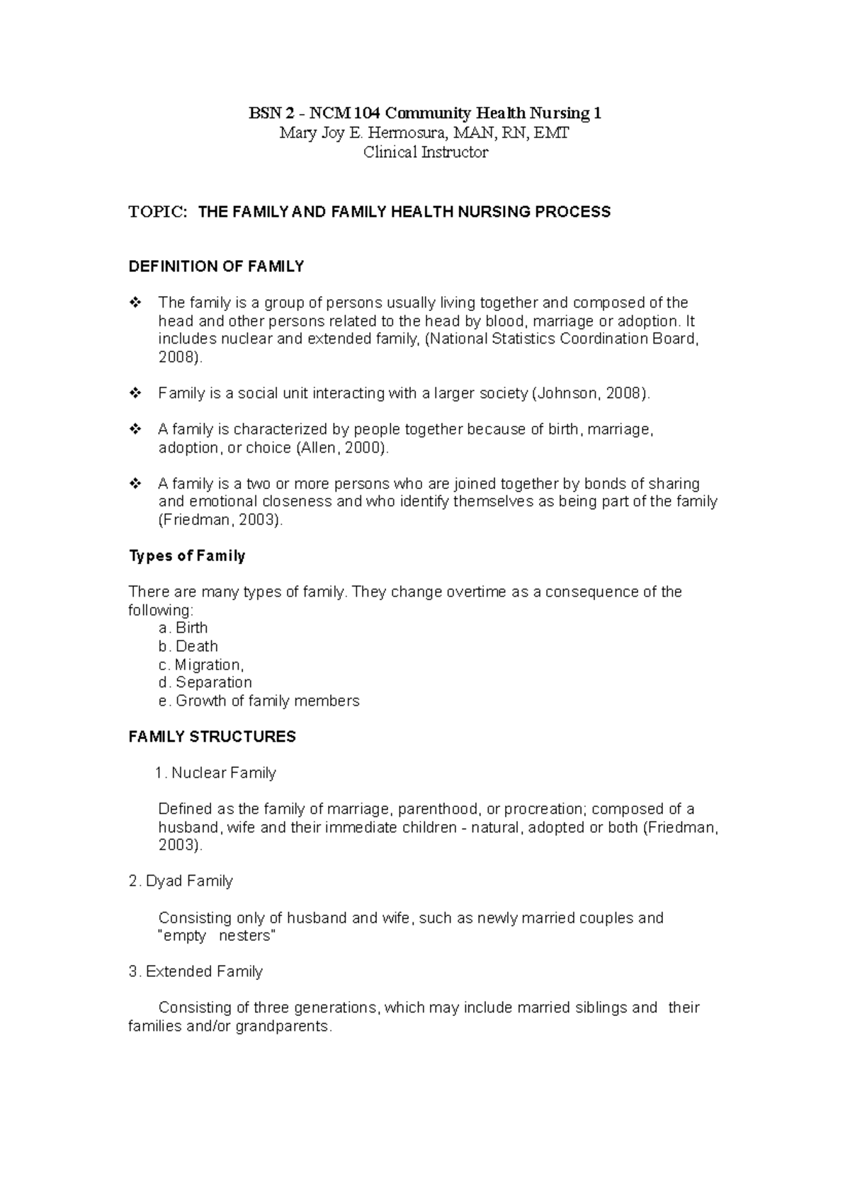 BSN 2 - NCM 104 Lecture on Family Health Nursing Process - Studocu