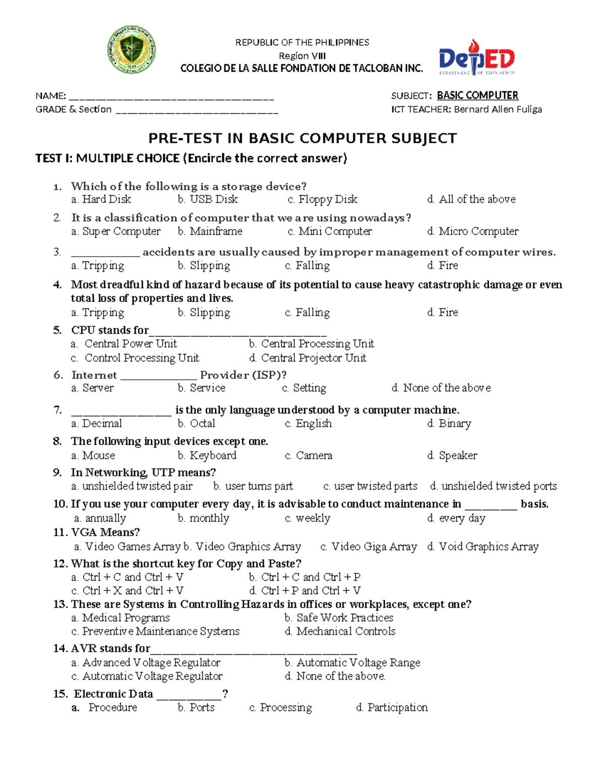 Midterm Exam Review for ICT 11 & 12: Computer Basics and Safety - Studocu