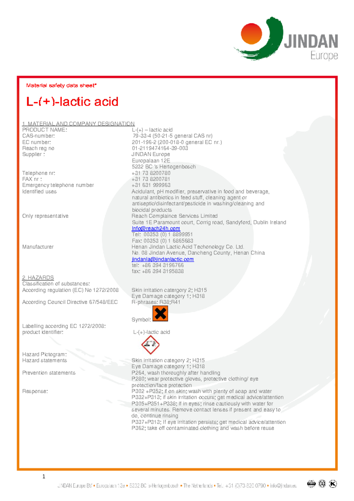 1.- Acido Láctico - Hoja de Seguridad (Material Safety Data Sheet ...