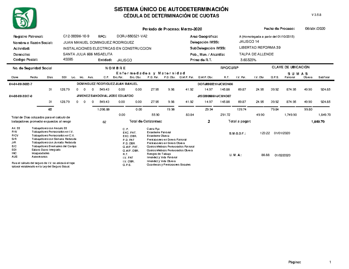 CÉDULA DE DETERMINACIÓN DE CUOTAS - SISTEMA ÚNICO V 3.5.8 - Studocu
