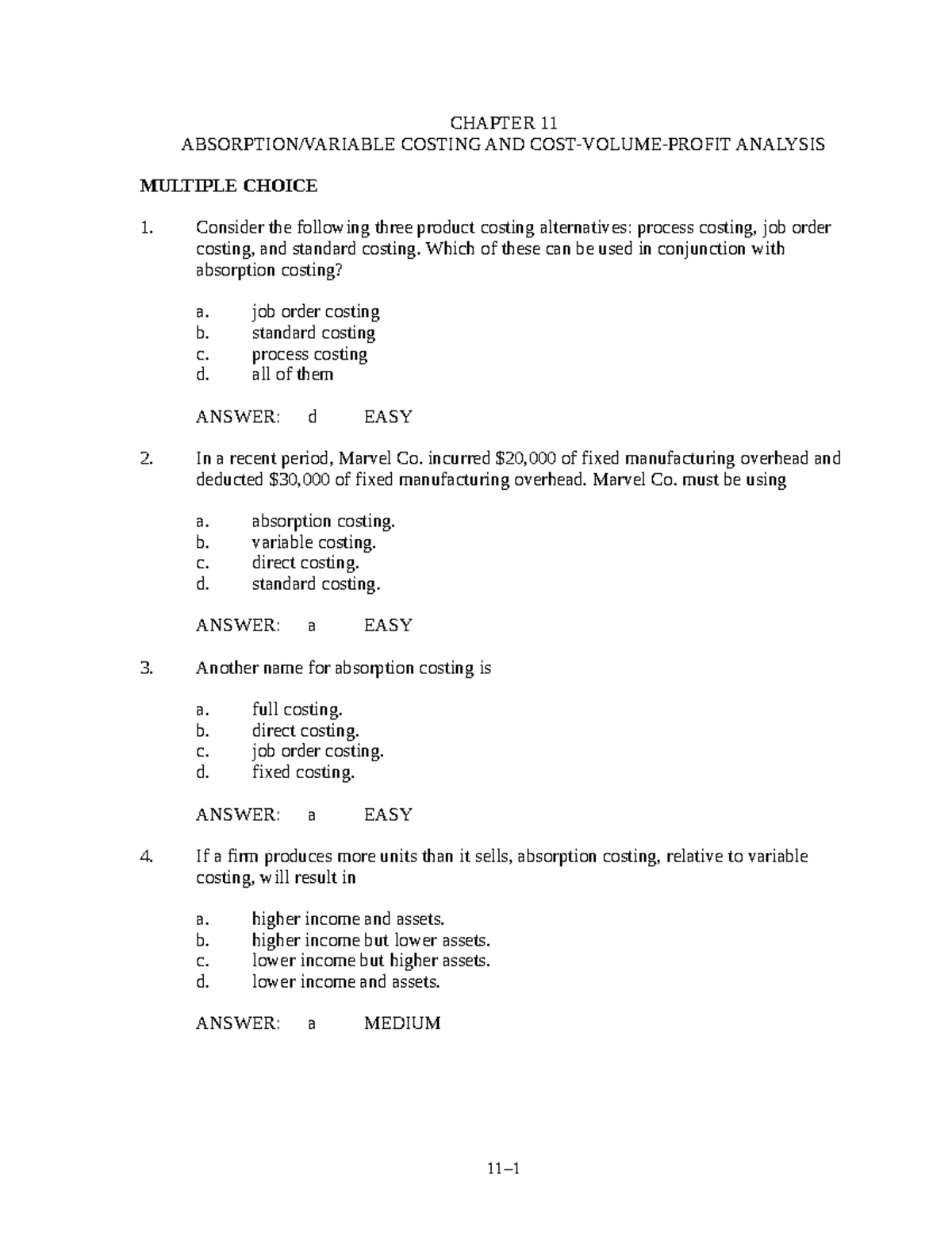 Ch11 - Absorption/Variable Costing & CVP Analysis Study Guide - Document Preview