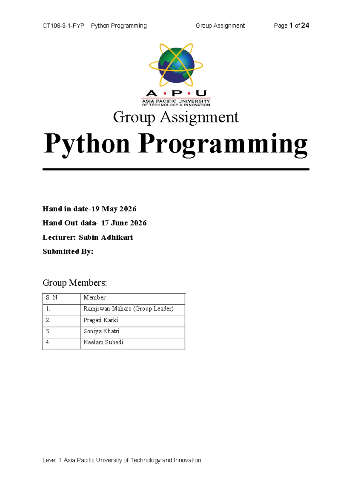 Final Python Programming Group Assignment (Level 1) - Studocu