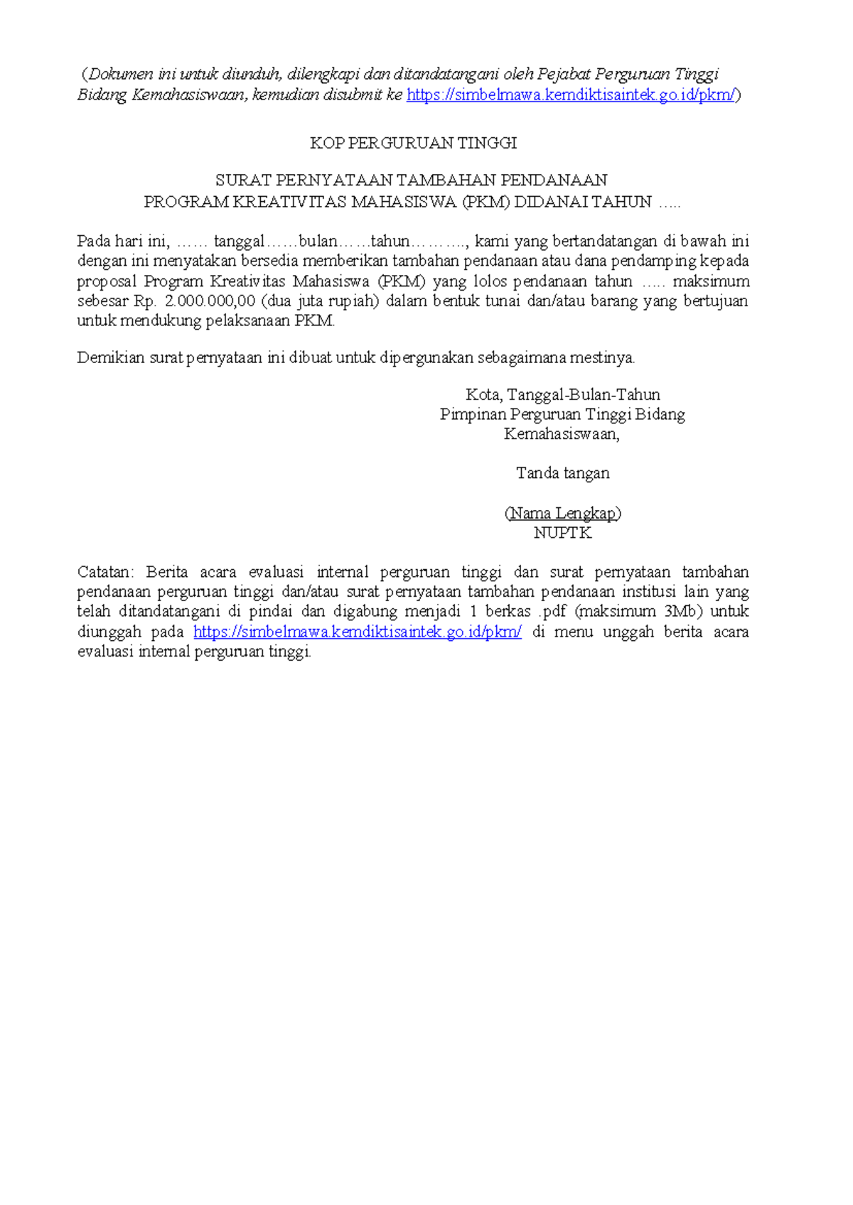 Template Komitmen Tambahan Pendanaan PKM 2023 - Studocu