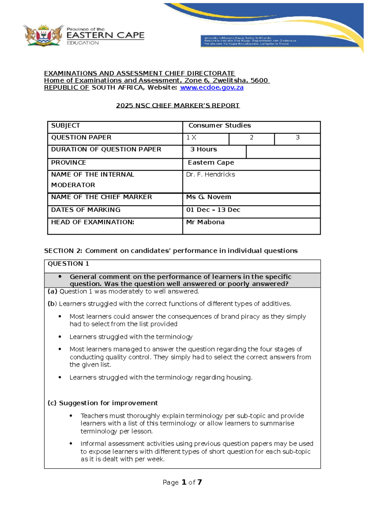 Consumer Studies 2025 NSC Exam Report: Performance Analysis and ...