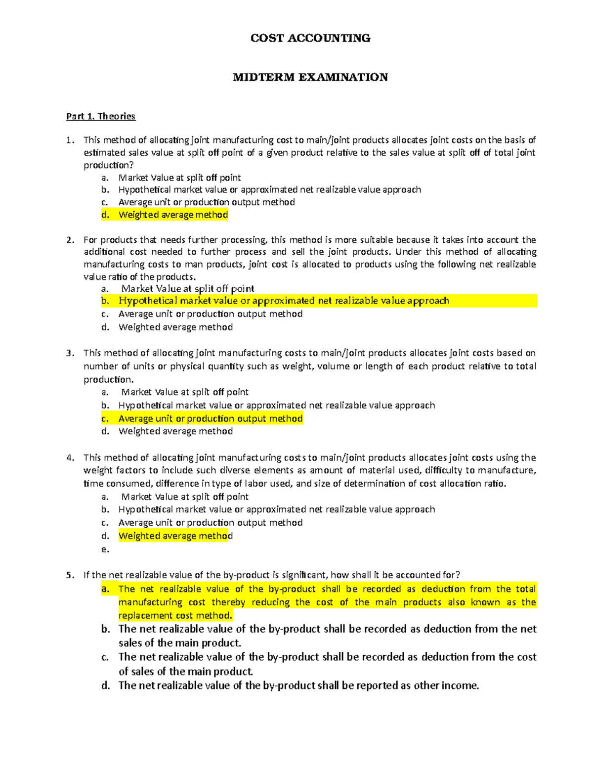 Cost Accounting - Midterm Exam Key with Answers - Studocu