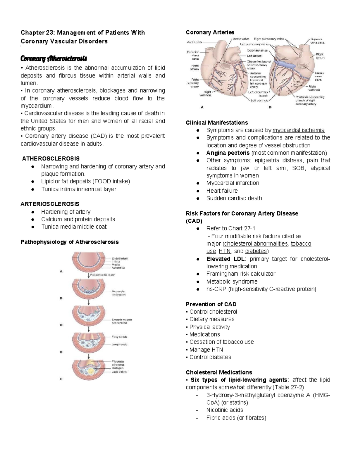 CH 23 - Management of Coronary Vascular Disorders and CAD - Studocu