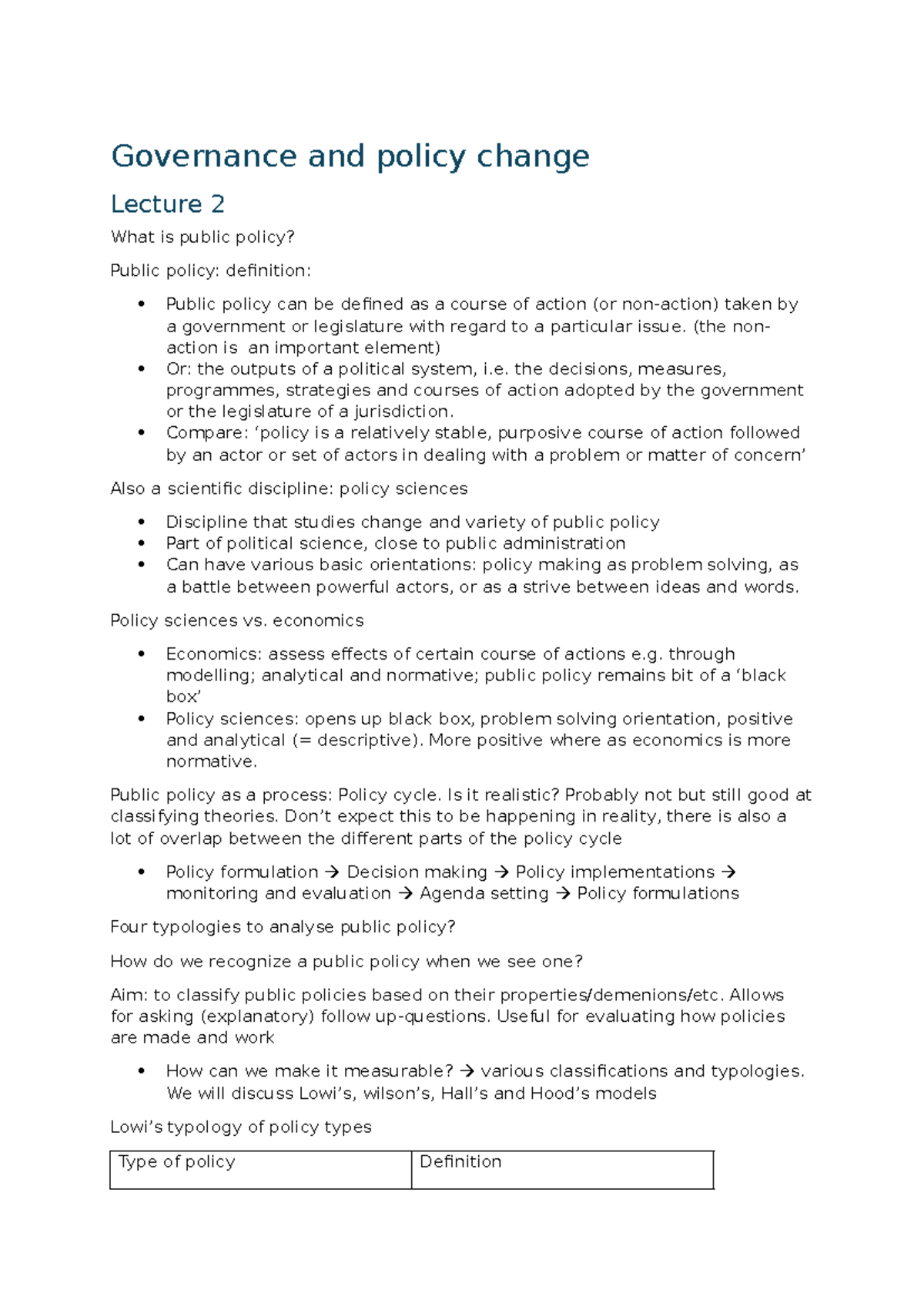 Governance & Policy Change: Lecture Notes (Course Code: XXXXXX ...