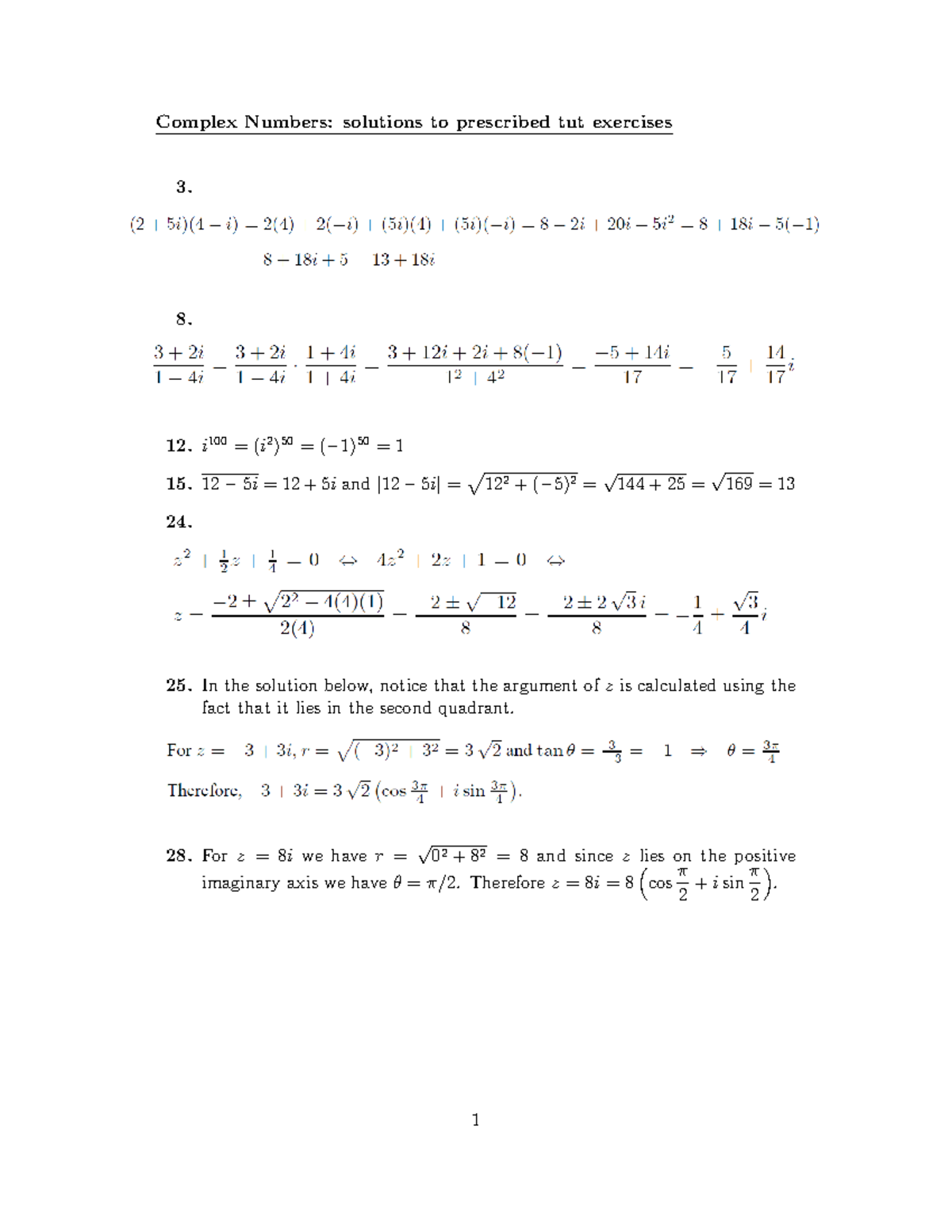 COM101: Complex Numbers Tutorial Solutions and Exercises - Studocu