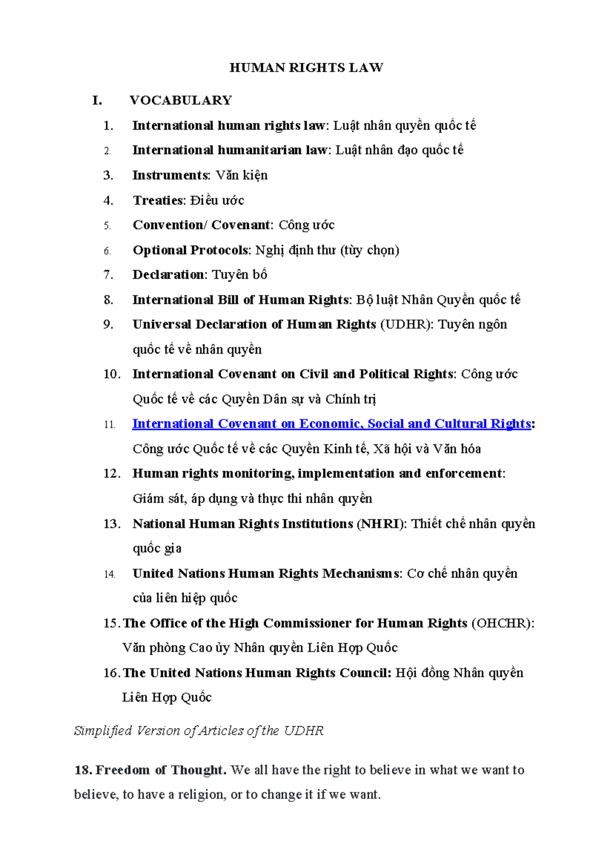 HUMAN RIGHTS LAW (HR 101) - Vocabulary and Key Concepts Handout - Studocu
