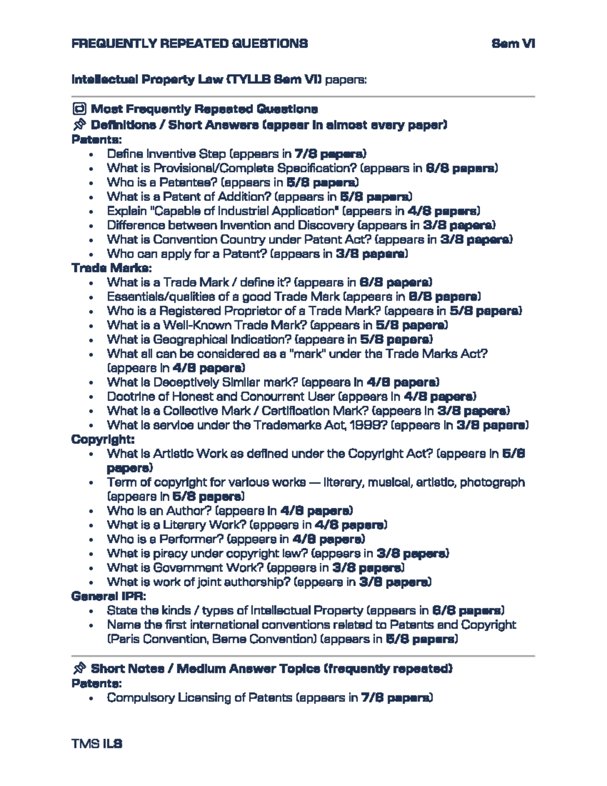 IPR Sem VI: Most Frequently Repeated Questions & Key Concepts - Studocu