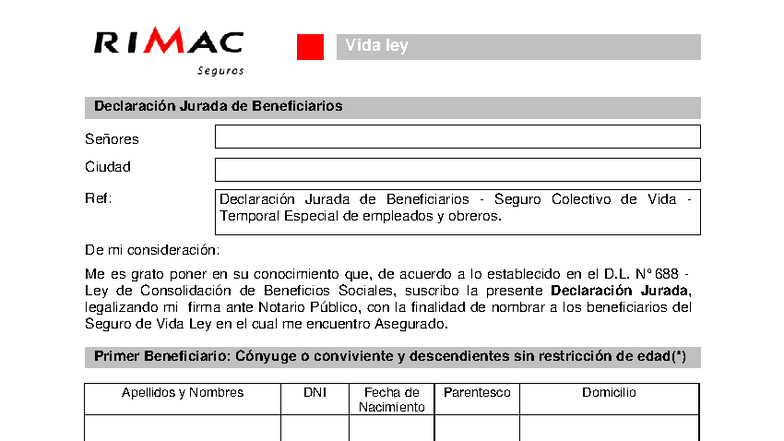 Declaración Jurada de Beneficiarios - Vida Ley ...