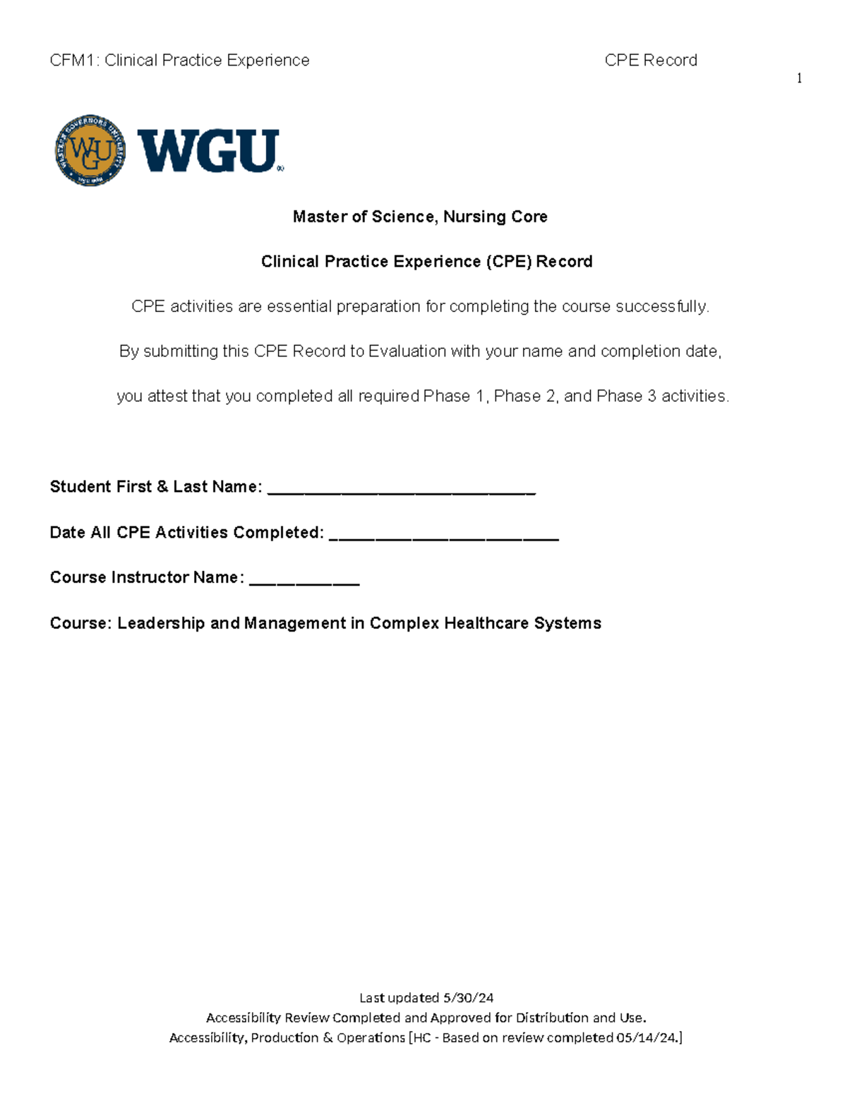 CFM1: Clinical Practice Experience CPE Record for Nursing Students ...