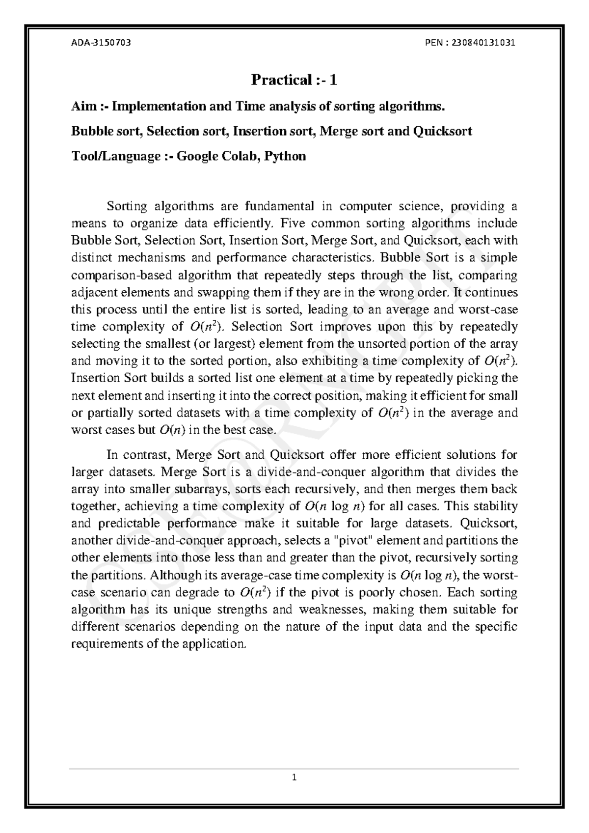 ADA 31: Practical Implementation & Time Analysis of Sorting Algorithms ...