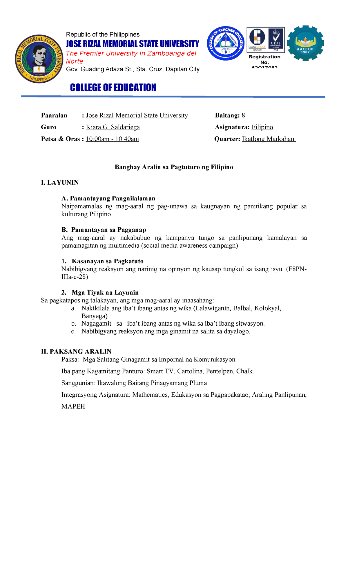 Detailed Lesson Plan on Impormal na Komunikasyon (Final) - Studocu