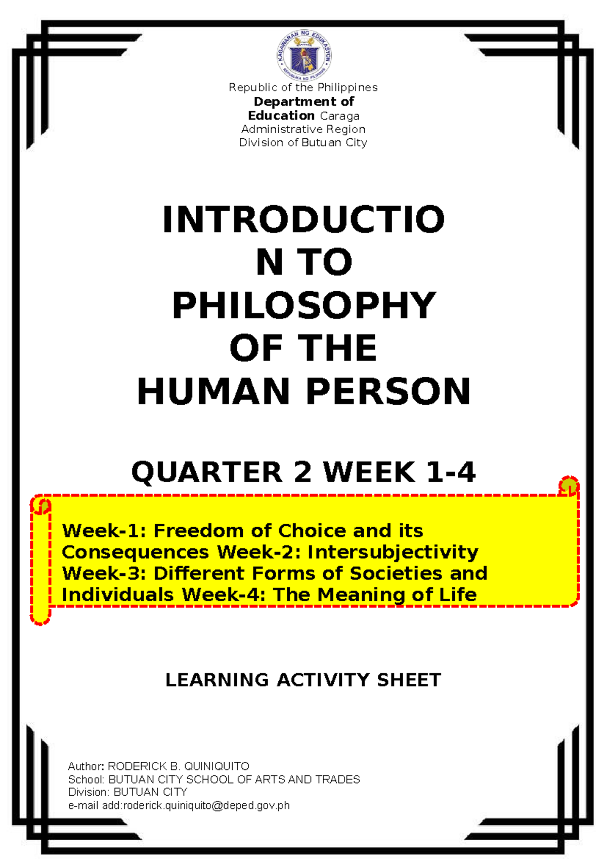 **Revised Title: Activity Sheet: Intro to Philosophy of the Human ...