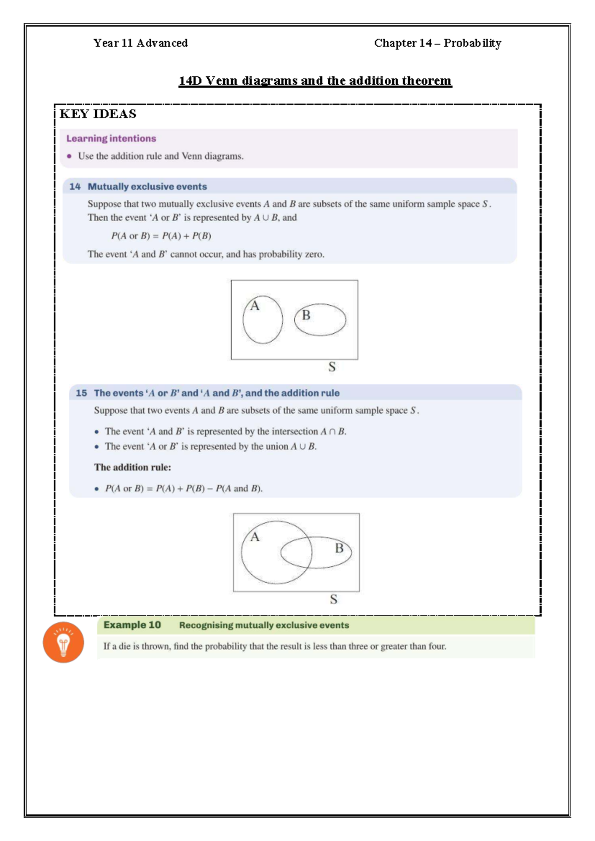 Year 11 Advanced Probability 14D: Venn Diagrams & Addition Theorem ...