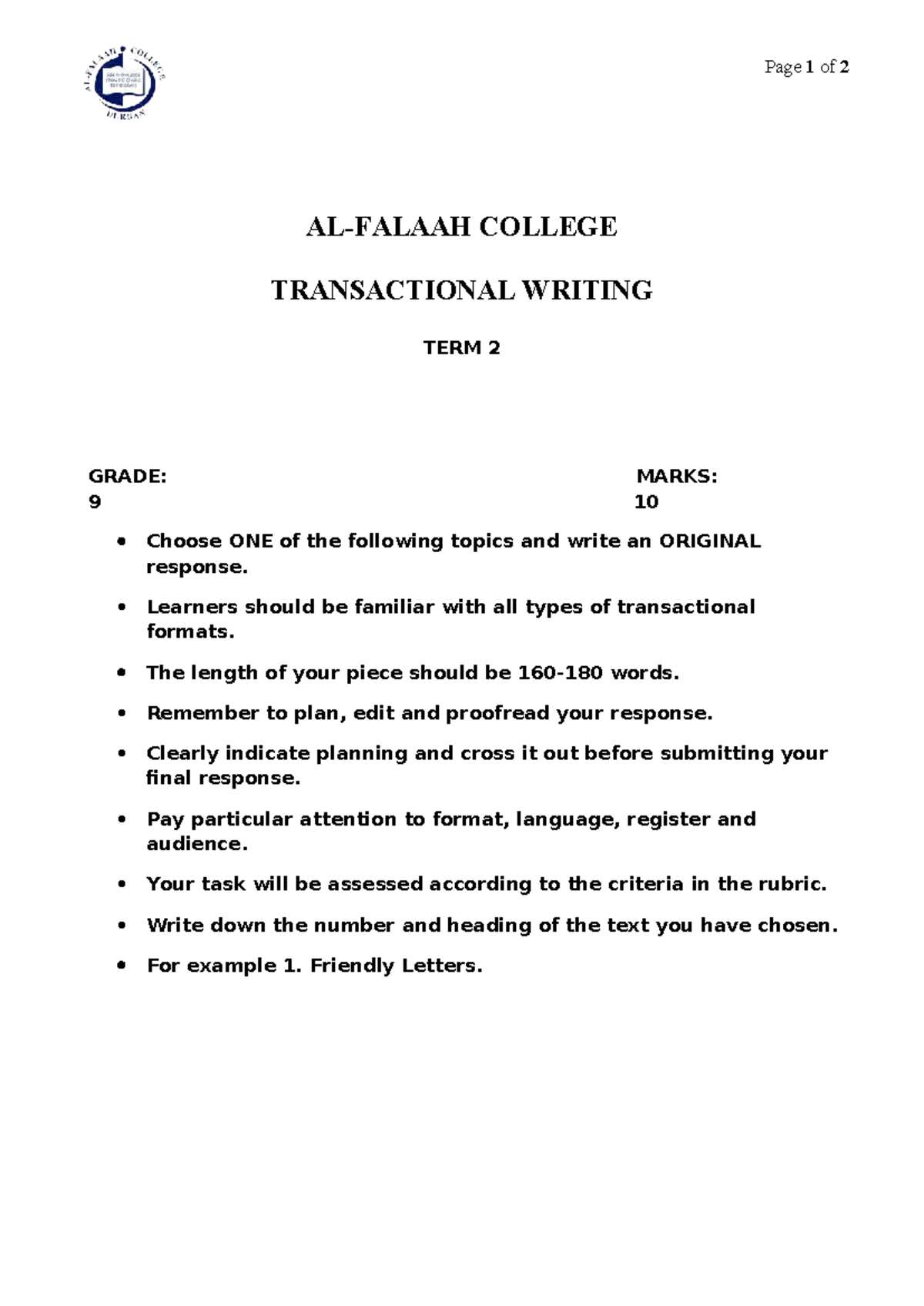 Grade 9 Transactional Writing Guidelines - Term 2 Assignment - Studocu